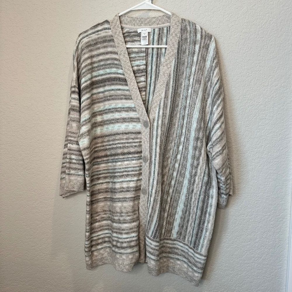 J. Jill Pure Jill Grey Blue Contrast Stripe Oversized Cardigan Sweater - Size M